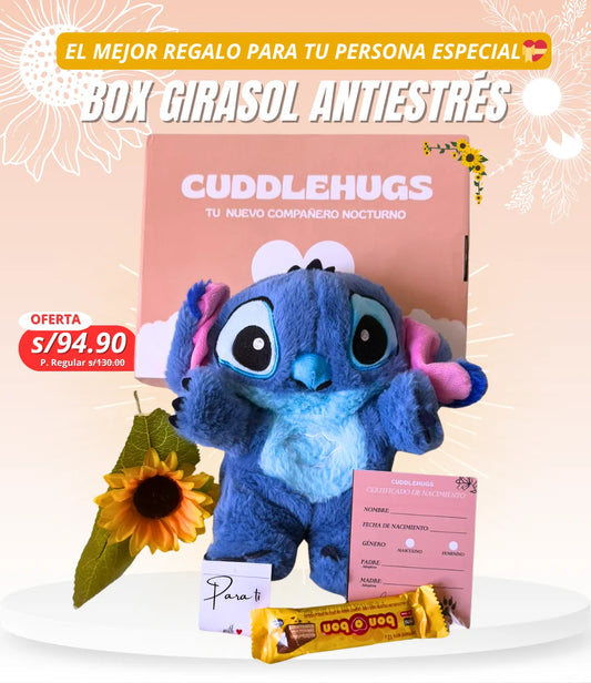 Stitch Que Respira + Chocolate🍫+ Flor Girasol🌻+ Tarjeta de Adopción ✨